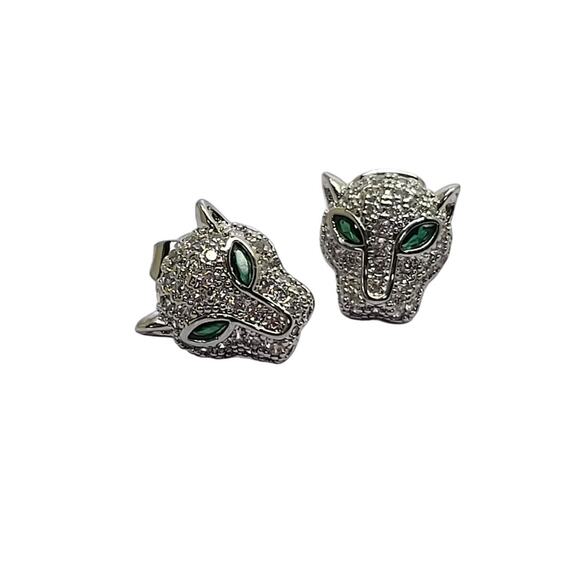 Silvertone Round Pave` Crystal Green Marquise Eyes Panther Cat Stud Earrings - Picture 2 of 9
